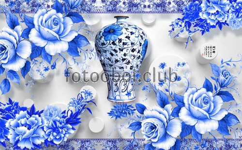 розы, цветы, ваза, гжель, синие, дизайнерские