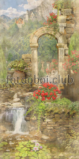 арка, водопад, горы, кирпич, скалы, розы, кувшинки