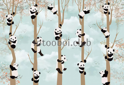голубые, для мальчика, детские, панды на дереве, облака