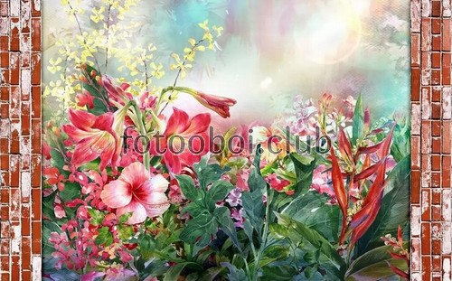 сад, цветы, арт обои, акварель, кирпичная стена