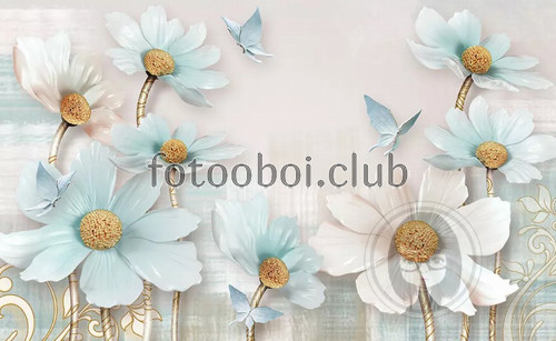 белые цветы, голубые цветы, 3д, 3d, дизайнерские, светлые