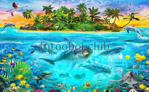 остров, птицы, пальмы, подводный мир, дельфины, рыбы, детские, для мальчика, для девочки