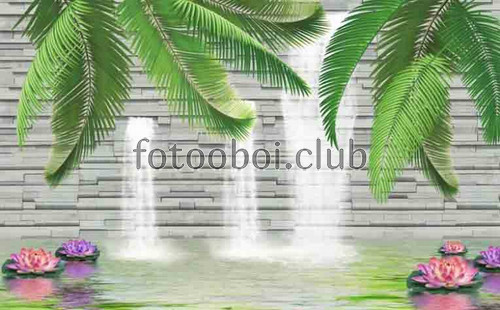 кирпичная стена, водопады, лилии, кувшинки, пальмы, папоротник