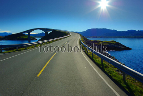 дорога, река, 3д, 3d, горы, мост, солнце