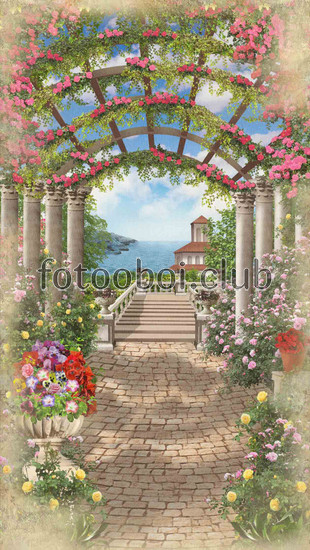 арка, колонны,цветы,  роза, море, скалы, дом, вид 