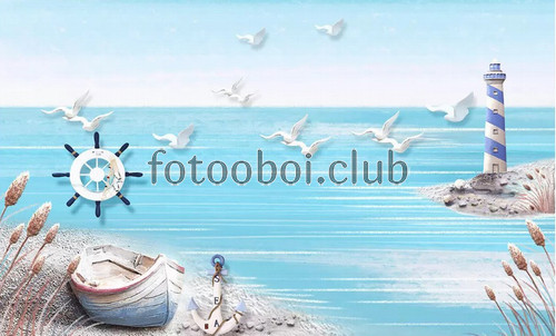 море, океан, берег, лодка, маяк, детские, дизайнерские, чайки