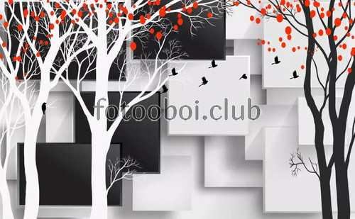 деревья, кубы, дизайнерские, абстракция, 3д, 3d, черно белые