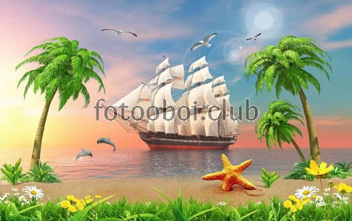 пальмы, море, океан, корабль, белые паруса, морская звезда, одуванчики