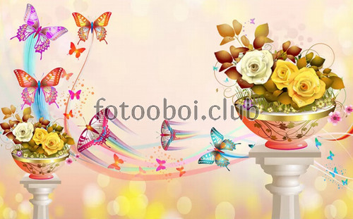 бабочки, цветы, букет, натюрморт