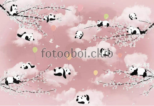 панды, веточки сакуры, облака, воздушные шарики, детские, для девочки