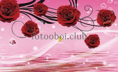 красные розы, бабочки, пузыри, 3д, 3d