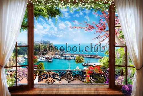 окно, вид из окна, яхты, лодки, море, балкон, фреска, на стену 