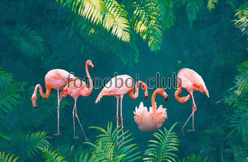 джунгли, розовые фламинго, листья, папоротник, 3д, 3d
