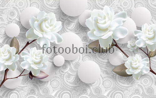 белые розы, цветы, розы, шары, узор, 3д, 3d