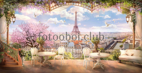 Париж, голуби, Франция, Paris, небо, облака, цветы, город, дерево, балкон, кафе, речка, река, лестница
