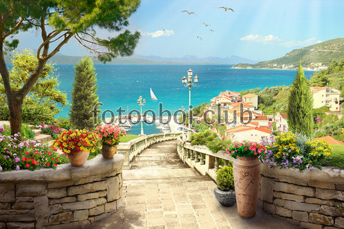 старый город, лестница, цветы, дерево, море, океан, причал, лодки, яхты