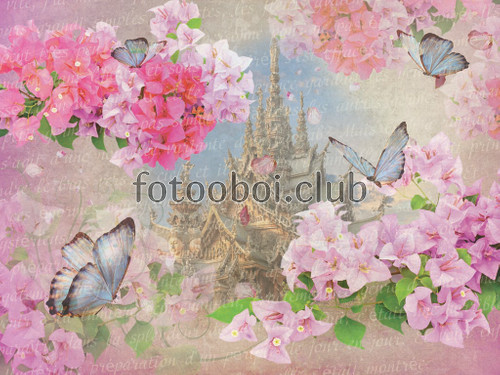 бабочки, цветы, Японский замок, Китай, дизайнерские, гортензии