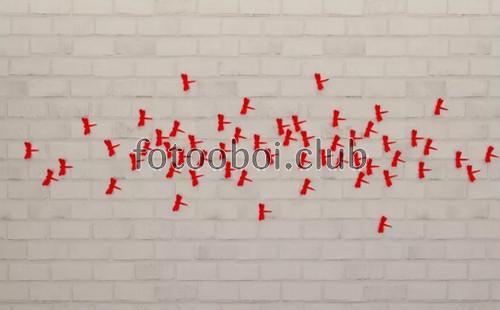 кирпичная стена, красные бабочки, стрекоза