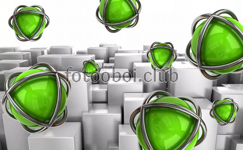зеленые шары, абстракция, кубы, квадраты, 3д, 3d