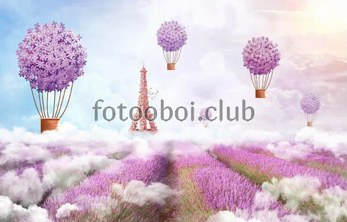 лавандовое поле, воздушные шары, башня, Париж