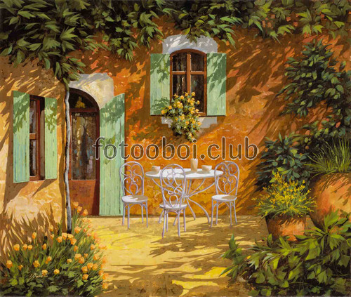 роспись, картина, кафе, столы, стулья, окно, дверь, растения 