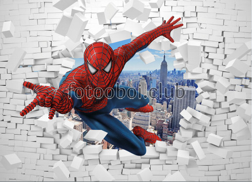 человек паук, стена, 3д, 3d, детские, для мальчика, кирпич, небоскребы, Spider-Man, супер мен, супер герой, мультфильм