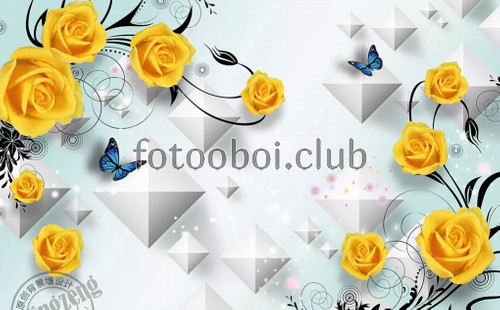 желтые розы, 3д, 3d, дизайнерские, кубы, бабочки
