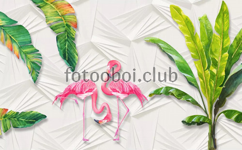 листья, папоротник, розовые фламинго, узор, 3д, 3d