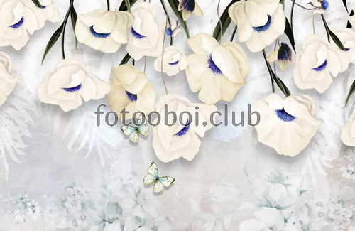 бабочки, белые цветы, 3д, 3d, дизайнерские