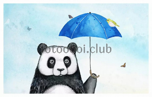 панда с зонтиком, для мальчика, детские, акварель, птичка, бабочки
