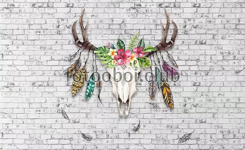 скелет оленя, цветы, кирпичная стена, перья