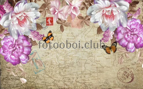 цветы, бабочки, карта мира, марки, дизайнерские