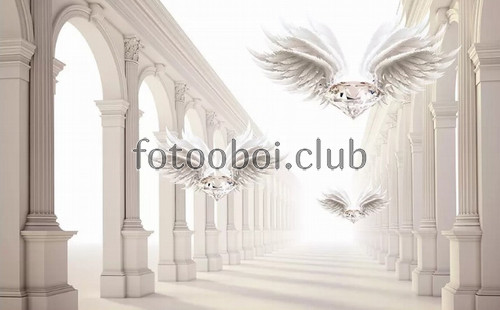 коридор, колонны, крылья, светлые, арт обои, стереоскопические