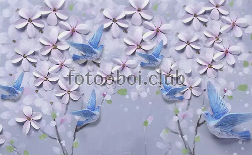 цветы, синие птицы, 3д, барельеф, дизайнерские