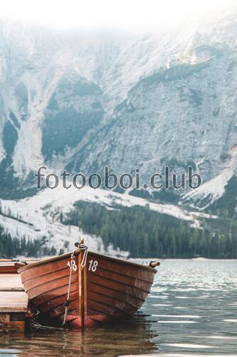 озеро, лес, лодка, горы, снег, небо