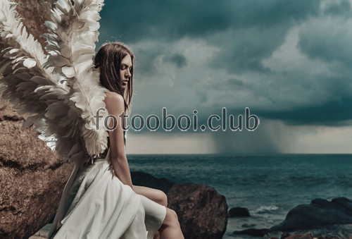 вид, девушка с крыльями, ангел, море, океан, на стену, стена