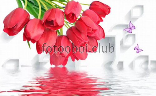 бабочки, красные тюльпаны, цветы, вода, 3д, 3d, дизайнерские