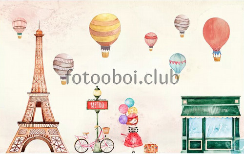 акварель, живопись, башня, Париж, воздушные шары, детские, для девочки