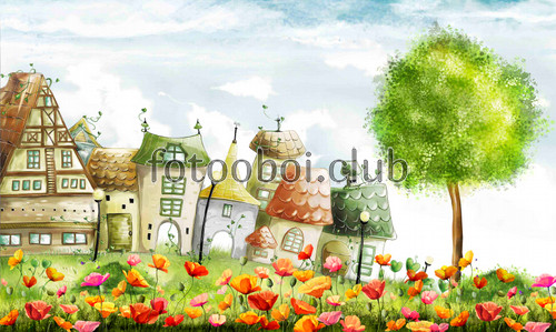 маки, цветы, домик, дерево, трава, дом, детские, для девочек, для мальчиков, небо, облака 