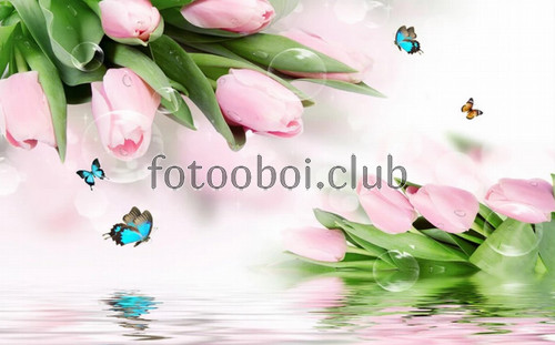 розовые тюльпаны, над водой, бабочки, 3д