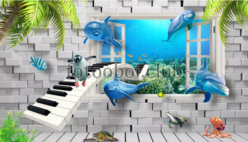 клавиши, кирпичная стена, детские, дельфины, подводный мир, 3д, 3d