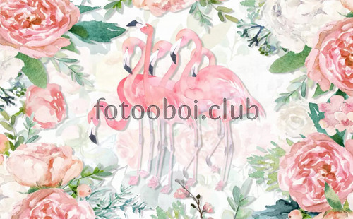 акварель, розовые фламинго, цветы, пионы