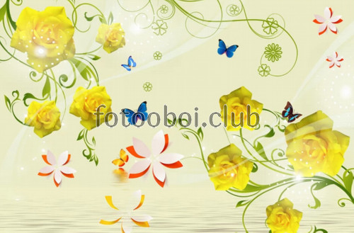 желтые розы, цветы, бабочки, 3д, 3d, лизайнерские