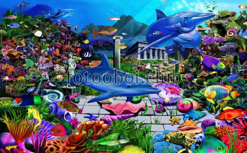 подводный мир, развалины, дельфины, рыбы, ракушки, детские, для мальчика, для девочки