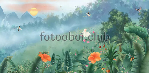 лес, поляна, горы, цветы, птицы, деревья, солнце, деские, для девочки, для мальчика