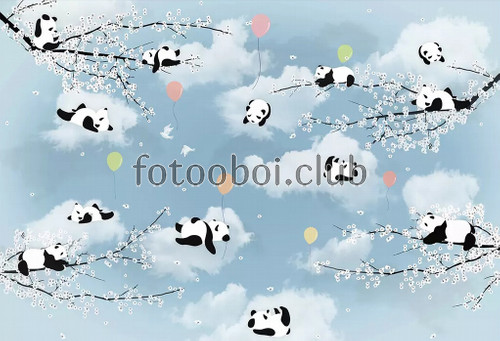 панды, веточки сакуры, облака, воздушные шарики, детские, для мальчика, для девочки