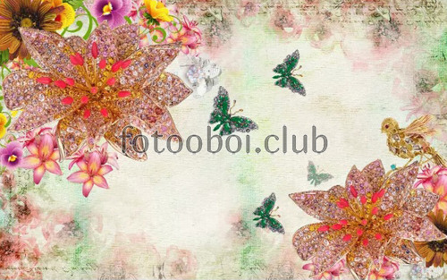 яркие, цветы, бабочки, птички, птицы, стразы, на стену, стена, 3д, 3d, дизайнерские