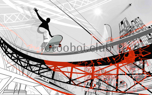 парень, скейт, город, небоскреб, арт, метро, абстракция, 3д, 3d
