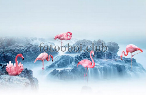 море, океан, скалы, розовые фламинго, 3д, 3d