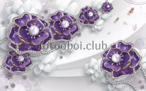 фиолетовые цветы, жемчужины, камни, 3д, 3d, дизайнерские